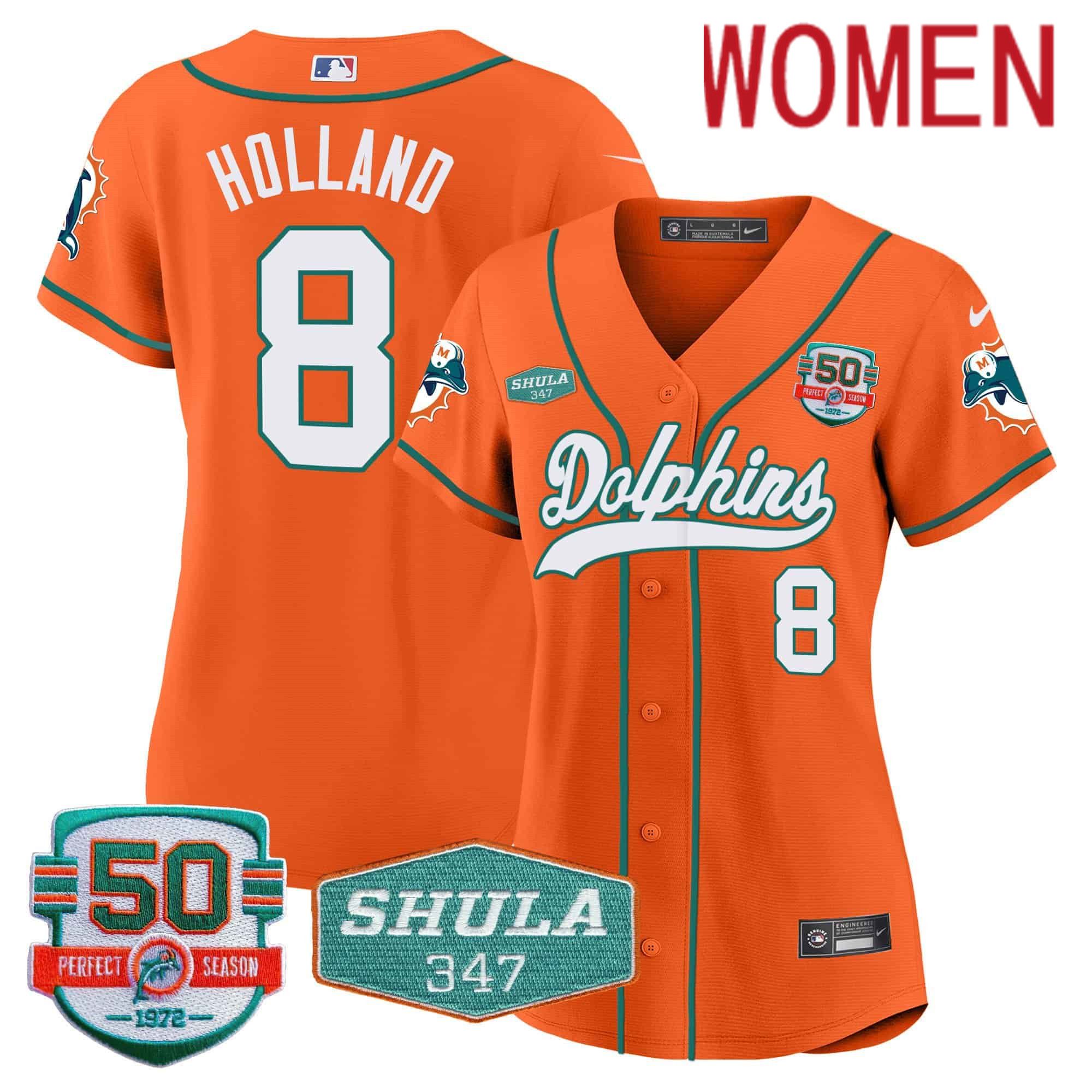 Women Miami Dolphins #8 Holland Orange 2024 Nike 50th Don Shula Memorial Patch Baseball NFL Jersey